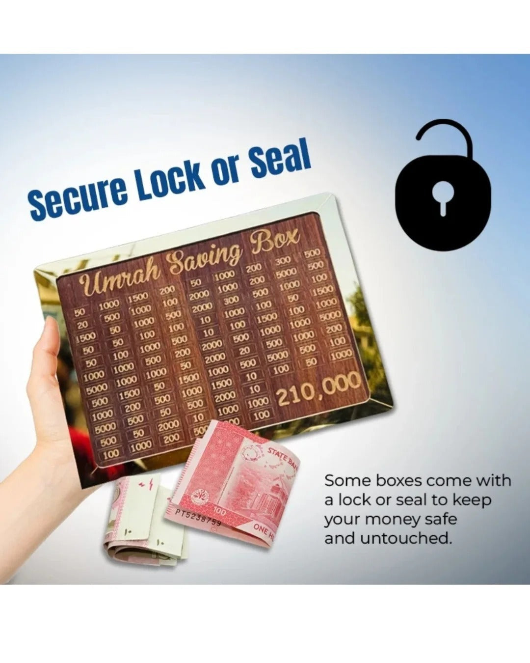 Wooden Umrah Saving Box – Premium 210,000 Goal Money Box